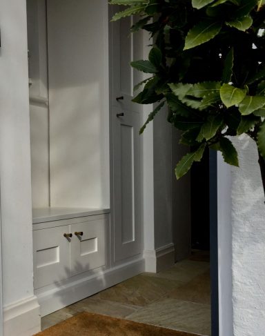 Bespoke hall way alcove unit handmade from solid hardwood in Sheffield.