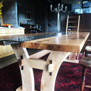 Bespoke river table made from locally sourced hardwood in the Peak district. Hand made bespoke furniture by Phillip Davies.