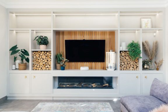 Handmade TV unit fitted with led strip lights.