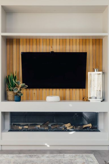 Bespoke media unit with a halogen fire built into it, handmade by Phillip Davies in Sheffield.