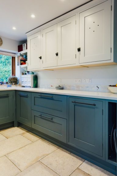 Bespoke galley kitchen with white shaker wall units and grey shaker base units made in my Sheffield workshop.