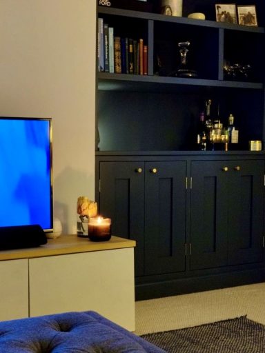 Bespoke Alcove unit handmade in Sheffield and painted in Farrow and Ball Stiffkey Blue.