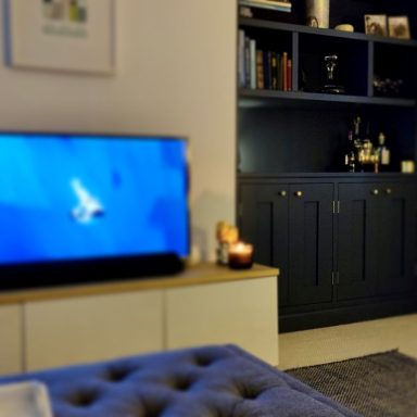 Alcove furniture made in Sheffield from hardwood and painted. Bespoke alcove shelving by Phillip Davies.